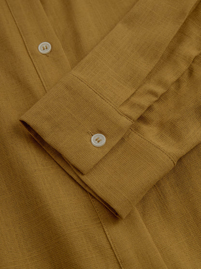 Women's Mustard Elegant Linen Blended Button - Front Belted Midi Shirt Dress