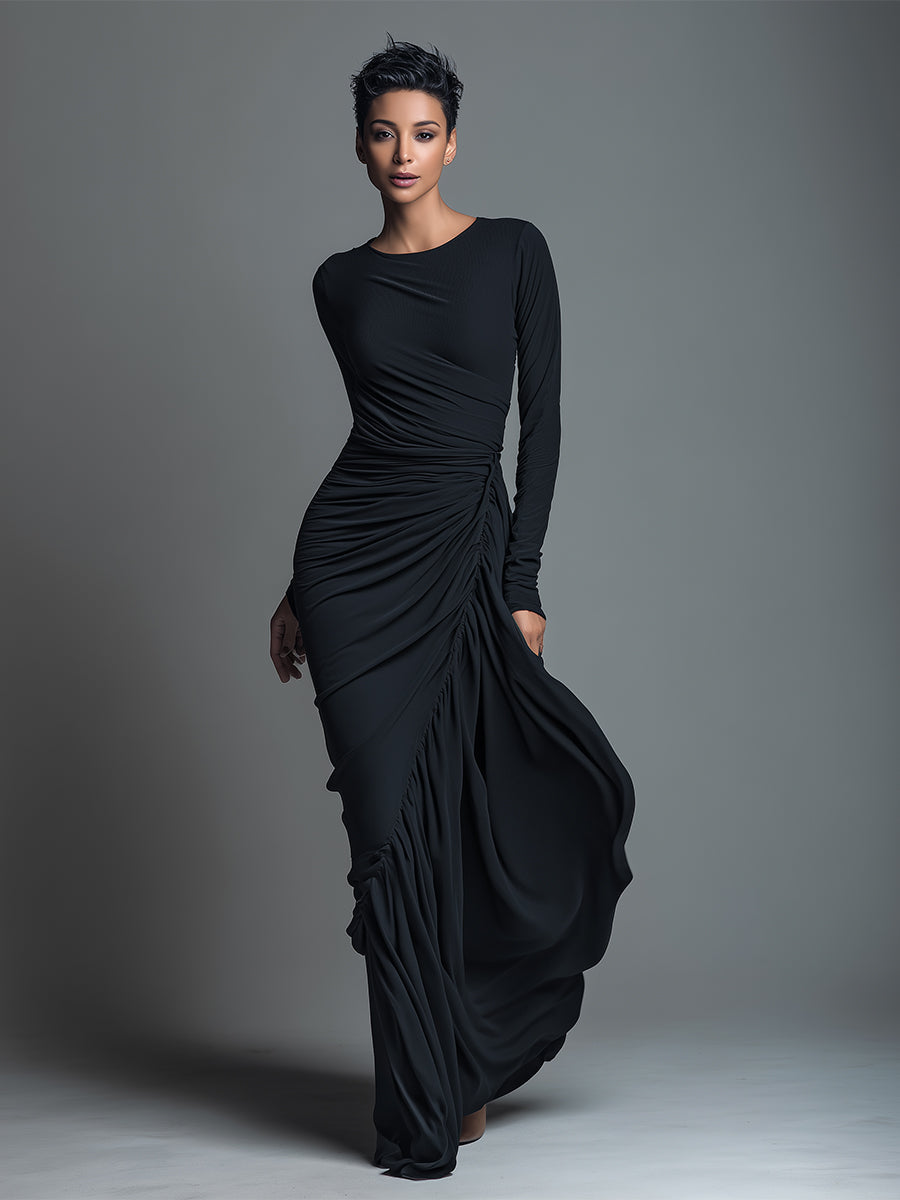 Women's Black Elegant Jersey Knit Ruched Maxi Dress