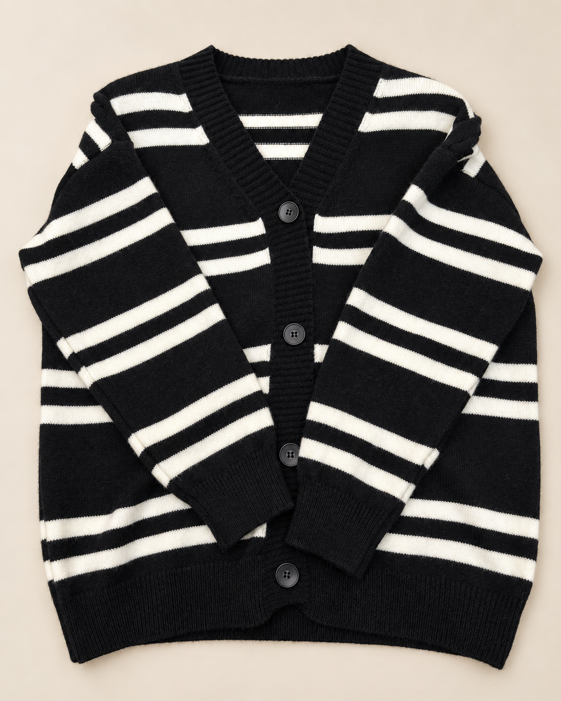 Women's Black and White Striped Cardigan – V-Neck Button-Up Knit Sweater