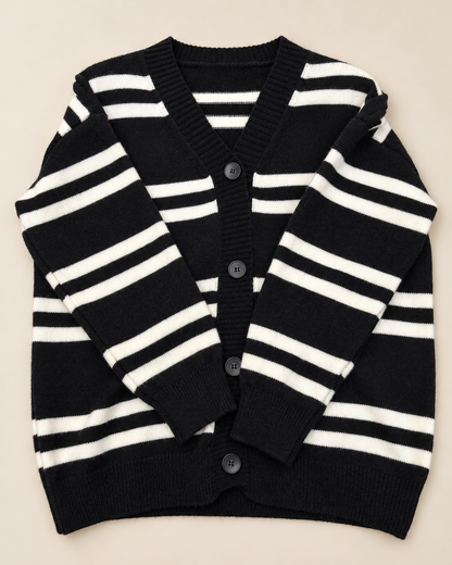 Women's Black and White Striped Cardigan – V-Neck Button-Up Knit Sweater
