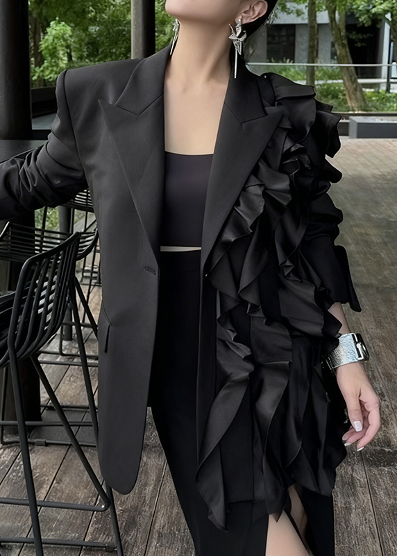 French Black Notched Asymmetrical Floral Coats Long Sleeve