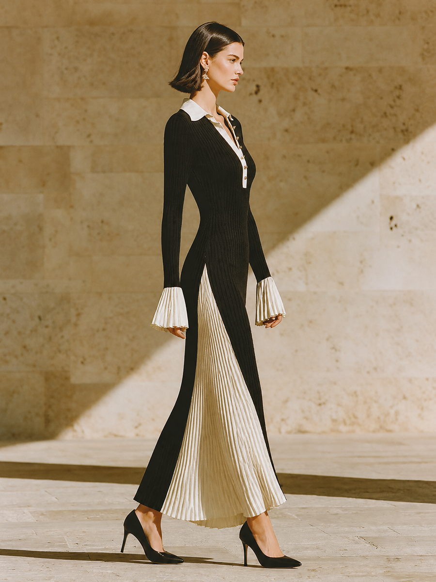 Women's Colorblock Bodycon Elegant Contrast Collar Flare Sleeve Knit Maxi Dress
