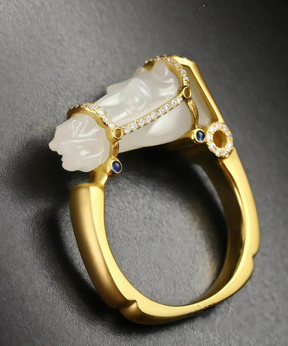 Chic Gold Horse Head Jade Zircon 14K Gold Rings