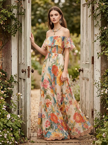 Bohemian Khaki Cold Shoulder Print Chiffon Long Dress Summer