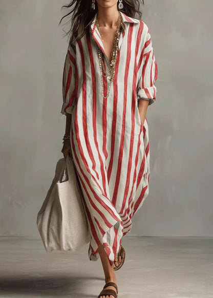 Loose Black V Neck Striped Pockets Cotton Dress Summer