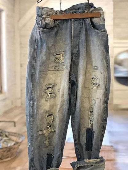 Vintage Light Washed Distressed Hollow Ripped Capri Pants