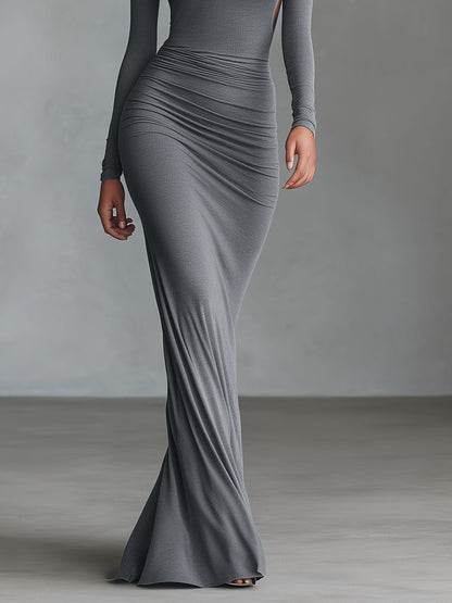 Women's Grey Elegant Stretch - Polyester-Cotton Blend Ruched Open - Back Maxi Dress