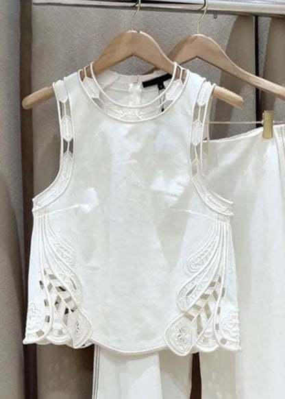 New White Zippered Hollow Out Solid Cotton Two Pieces Set Sleeveless
