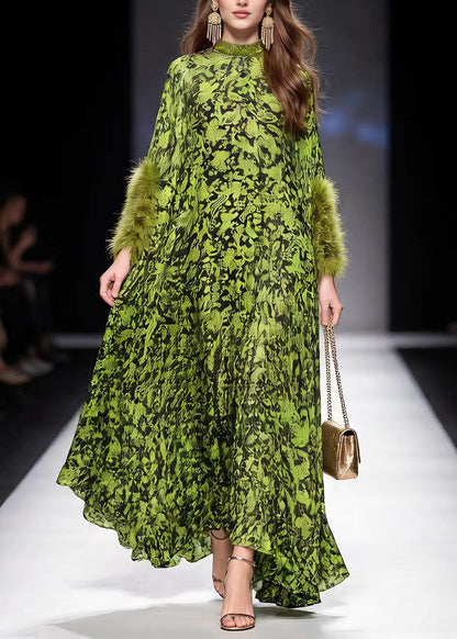 Italian Green Print Fur Patchwork Chiffon Maxi Dresses Spring