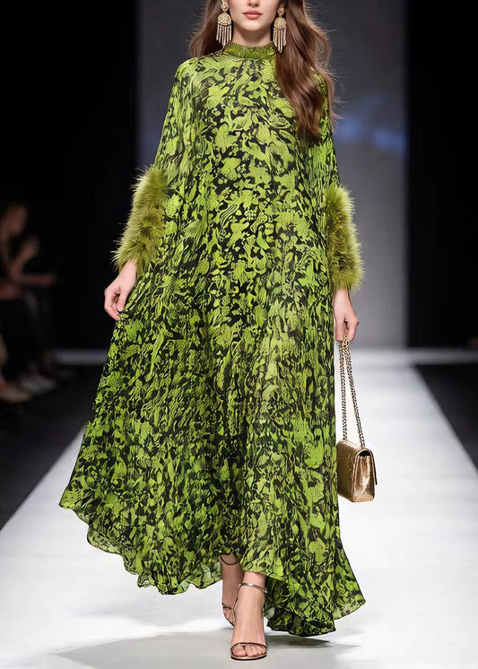 Italian Green Print Fur Patchwork Chiffon Maxi Dresses Spring