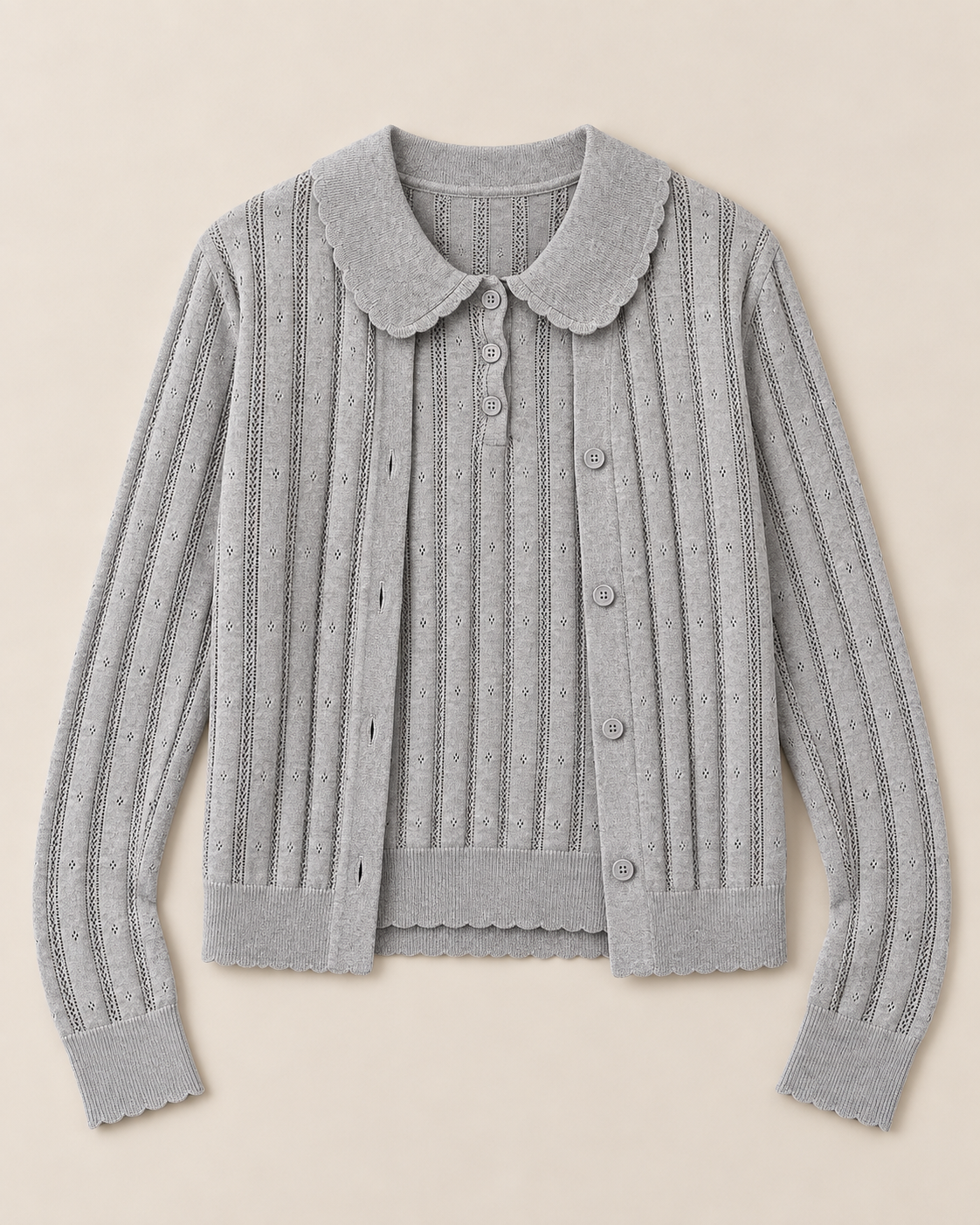 Women's Wool Cardigan and Top Set – Two-Piece Pointelle Knit Twinset
