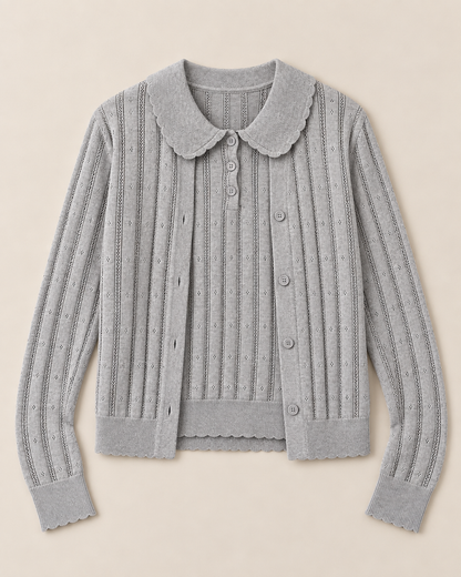 Women's Wool Cardigan and Top Set – Two-Piece Pointelle Knit Twinset