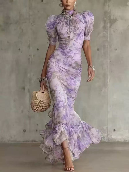 Women High Neck Puff Sleeve Ruffle Hem Floral Print Maxi Dress
