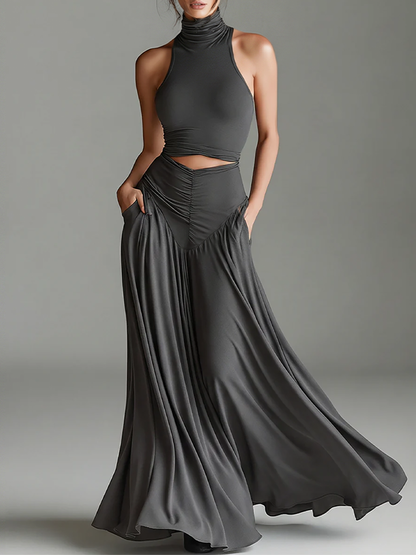 Women's Charcoal Gray Stretch Knit Dress With Turtleneck Halter & Cutout Waist, Timeless Minimalist Elegant Style Dress