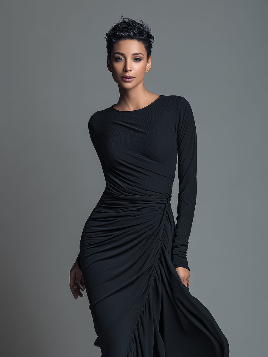 Women's Black Elegant Jersey Knit Ruched Maxi Dress