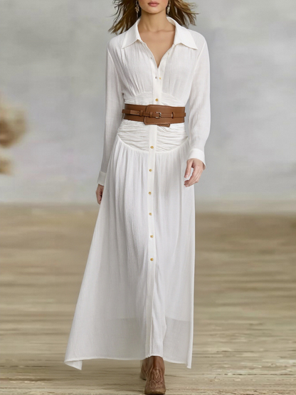Women's Imitation Cotton And Linen Pleated Lapel Single-breasted Long-sleeved Maxi Dress