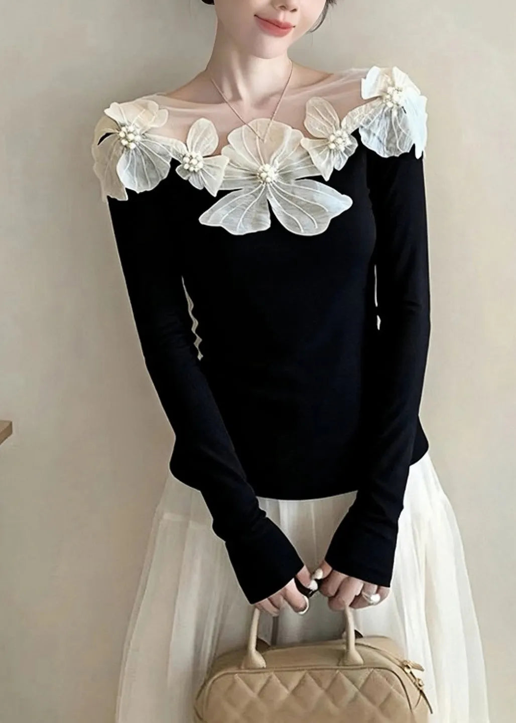 Stylish Black Slash Neck Floral Nail Bead Knit Tops Spring