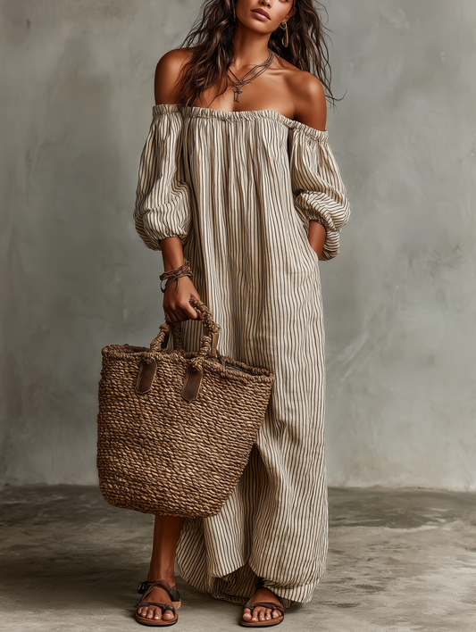 Women's Vacation Cotton-linen Blend Off-shoulder Long-sleeved Maxi Dress