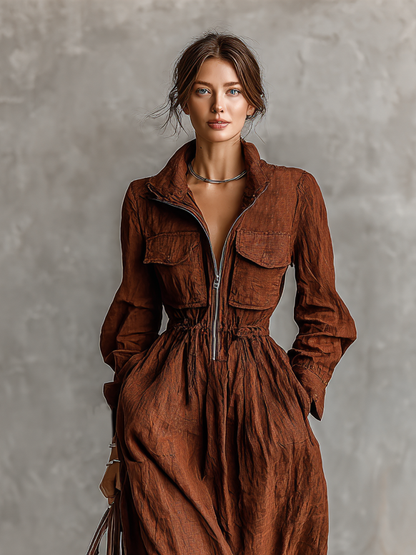 Women's Cotton And Linen Zipper Lapel Elastic Waist Maxi Dress