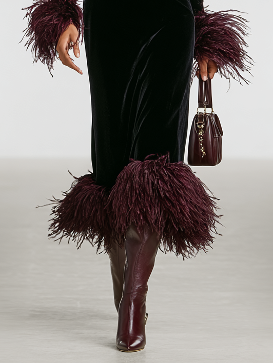 Women's Minimalist Velvet Patchwork Faux Ostrich Feather Cuffs And Hem Maxi Dress