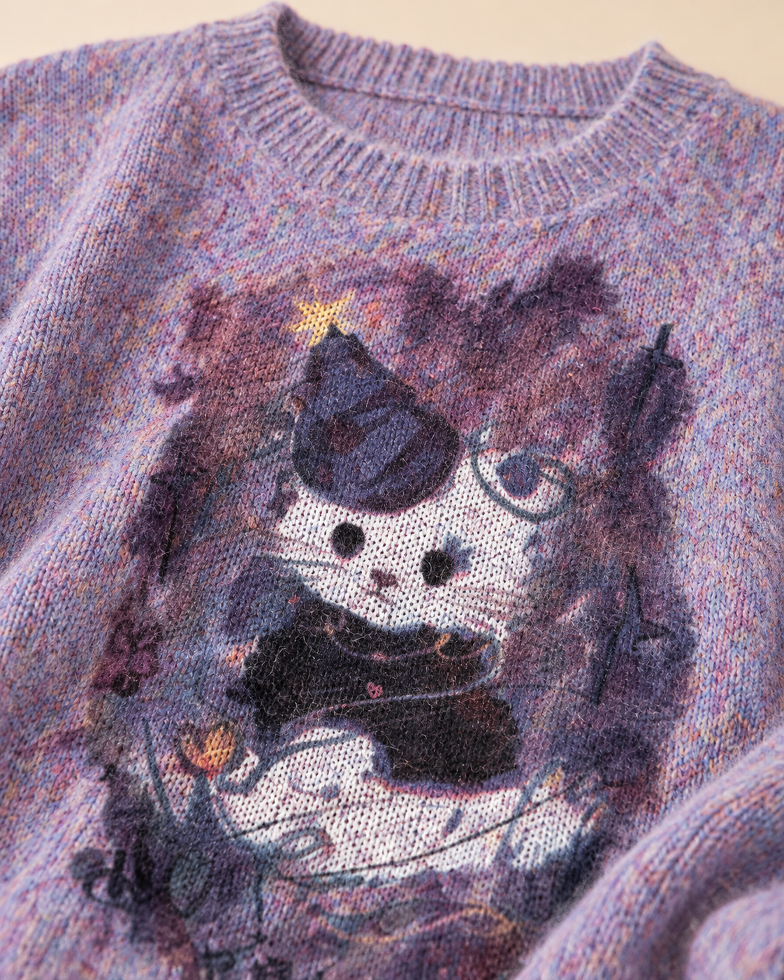 Women's Cat Graphic Wool Sweater – Relaxed Crewneck Knit Pullover