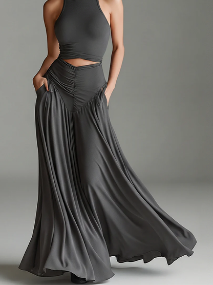 Women's Charcoal Gray Stretch Knit Dress With Turtleneck Halter & Cutout Waist, Timeless Minimalist Elegant Style Dress