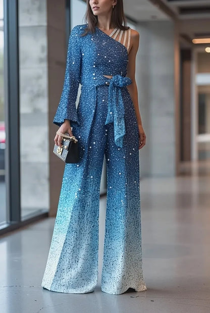 Fashion Blue Cold Shoulder Sequins Tie Waist Jumpsuits Summer