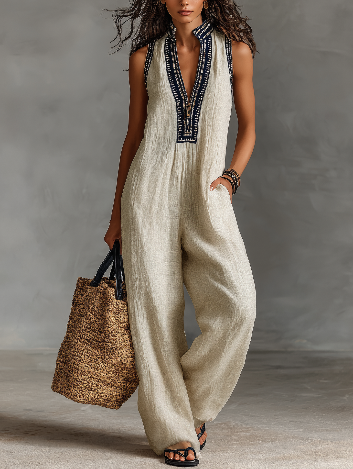 Women's Minimalist Linen Blend Sleeveless Jumpsuit With Zipper And Stand Collar, Featuring Embroidery