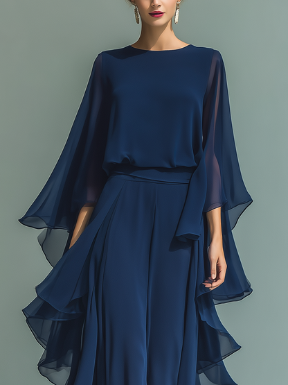 Women's Navy Blue Chiffon Top With Flared Sleeves And Straight-leg Trousers Set With Ruffled Details