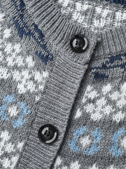 Women's Fair Isle Wool Cardigan – Gray Button-Up Sweater with Pockets