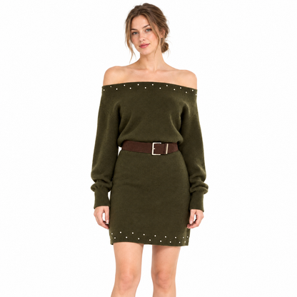 Women's Off-Shoulder Wool Sweater Dress – Studded Long Sleeve Knit Mini Dress