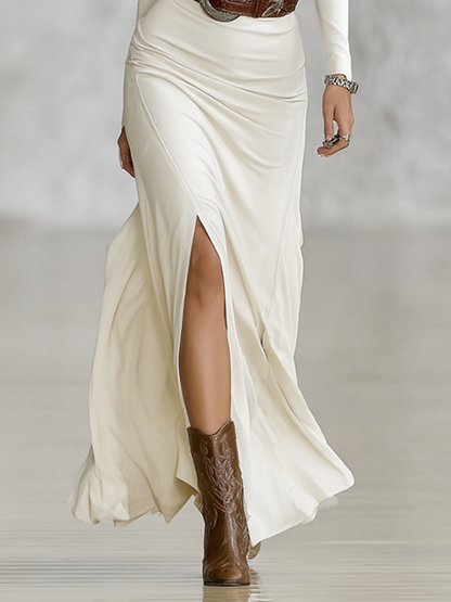 Women's Lapel Long Sleeve Waist-tightening Maxi Dress (without Belt)