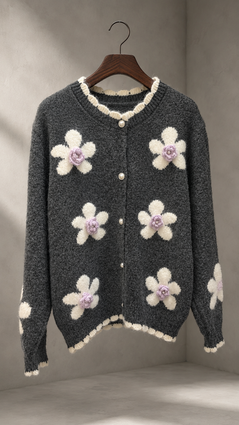 Women’s 3D Floral Wool Cardigan – Pearl Button Soft Knit Sweater for Early Fall