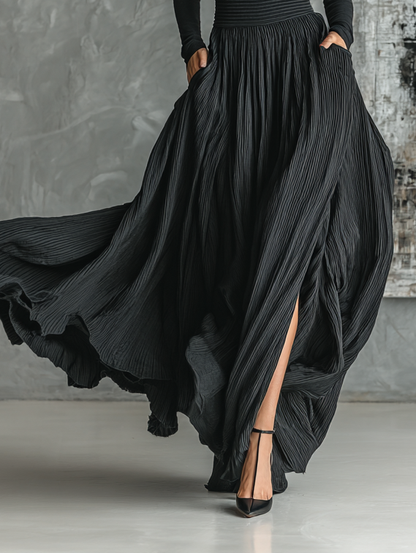 Women's Fashion All Black Skinny Turtleneck T-shirt Pleated Skirt Set