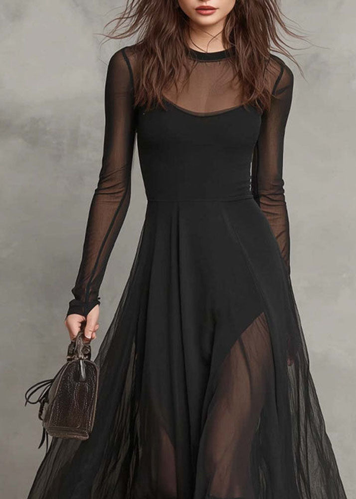 Style Black O Neck Patchwork Exra Large Hem Chiffon Dress Summer