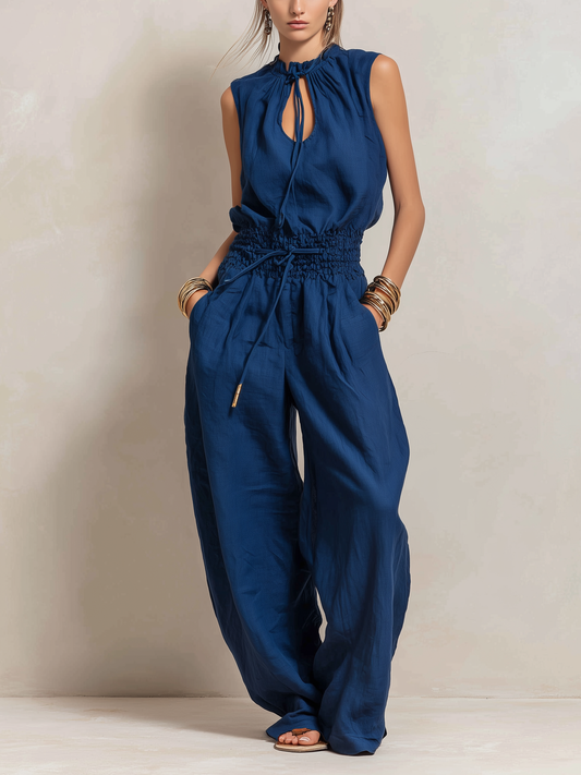 Women's Elegant Dark Blue Cotton-Linen Sleeveless Jumpsuit With Round Neck