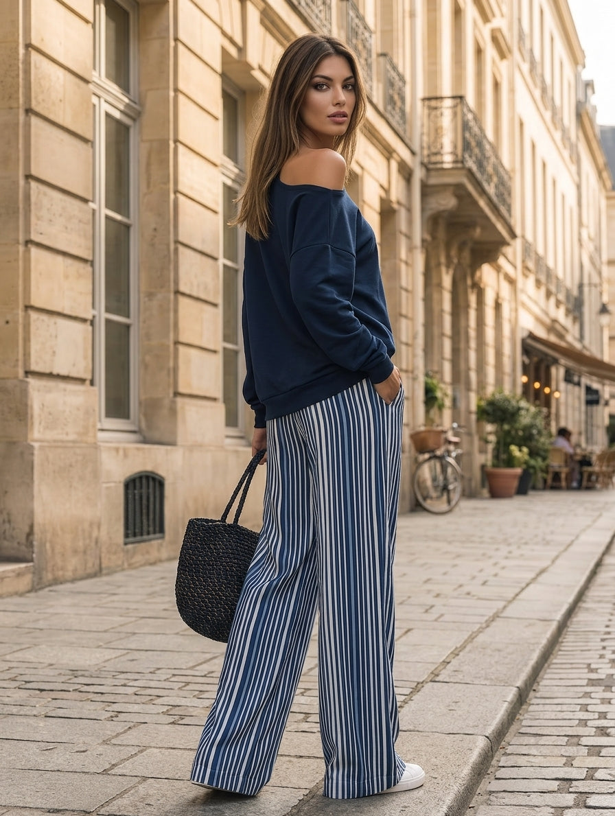 Women's Casual 2-Piece Set Long-sleeved Top In Navy Blue Sweatshirt Fabric And Blue-and-white Striped Woven Trousers