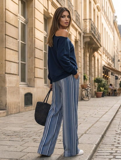 Women's Casual 2-Piece Set Long-sleeved Top In Navy Blue Sweatshirt Fabric And Blue-and-white Striped Woven Trousers