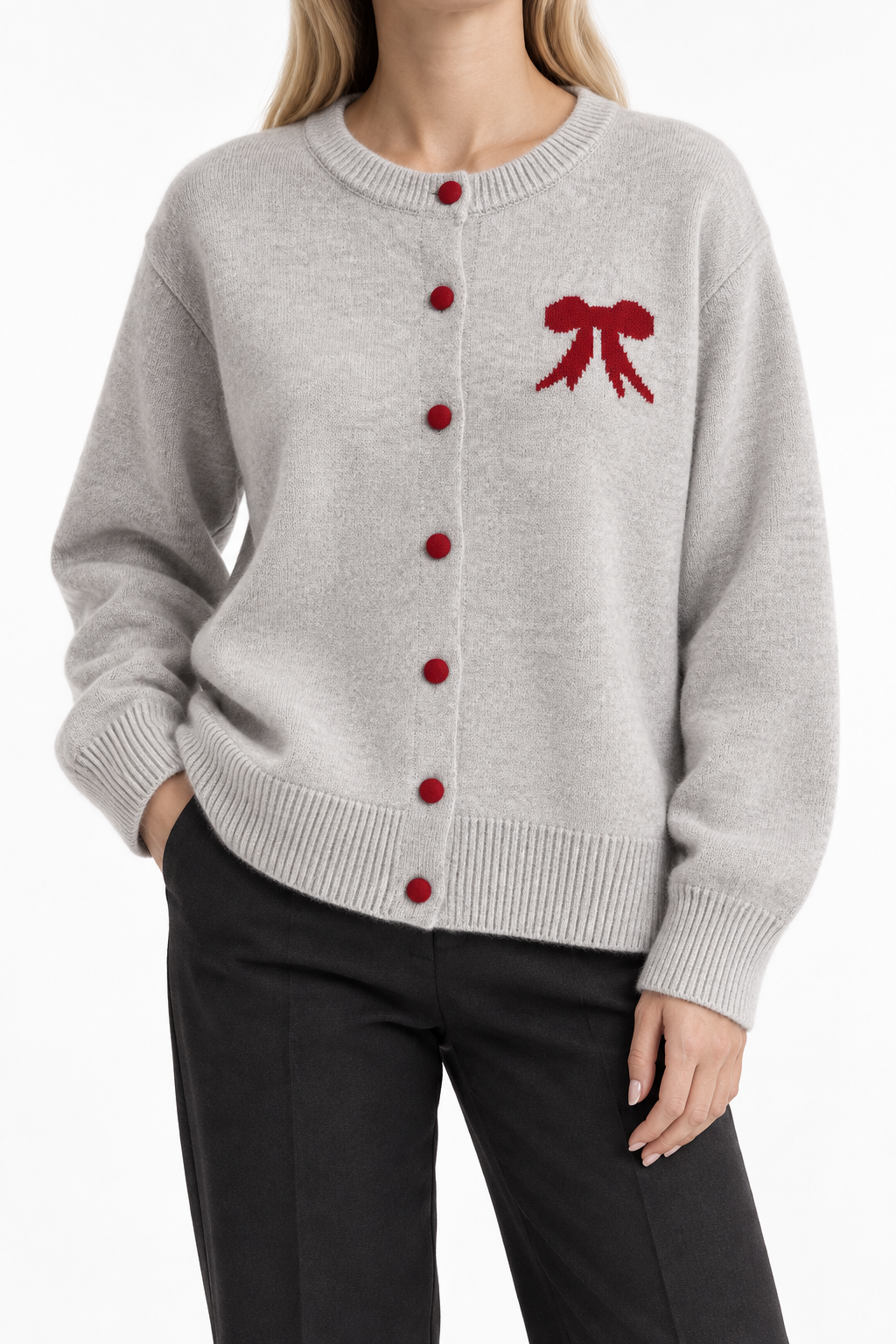Women's Bow Knit Cardigan – Pearl Button Round Neck Sweater