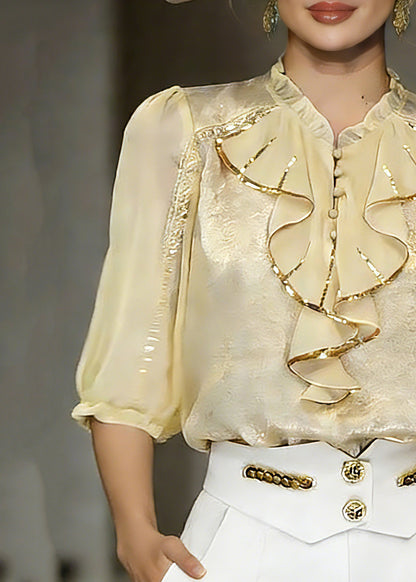 Beautiful Yellow Stand Collar Ruffled Chiffon Shirt Summer
