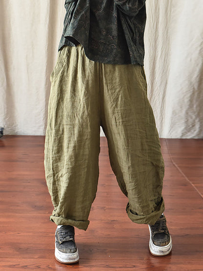 Women Spring Casual Solid Loose Elastic Waist Linen Pants