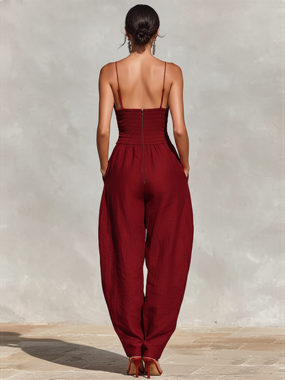 Women's Red Linen Jumpsuit With Spaghetti Straps & High-Waisted Pleated Pants, Timeless Romantic-Elegant Style Jumpsuit