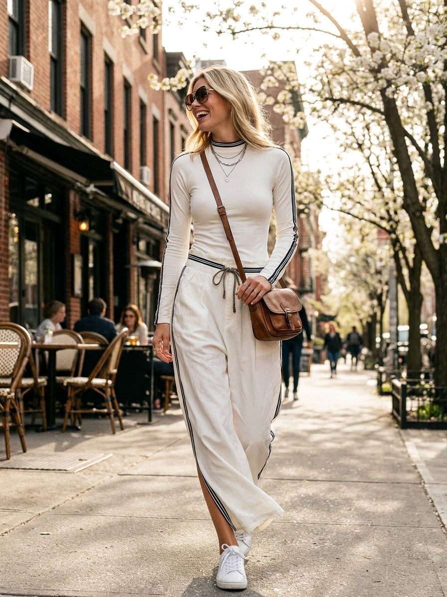 Women's Sports Half-high-neck Long-sleeved T-shirt Drawstring Wide-leg Pants Two-piece Set