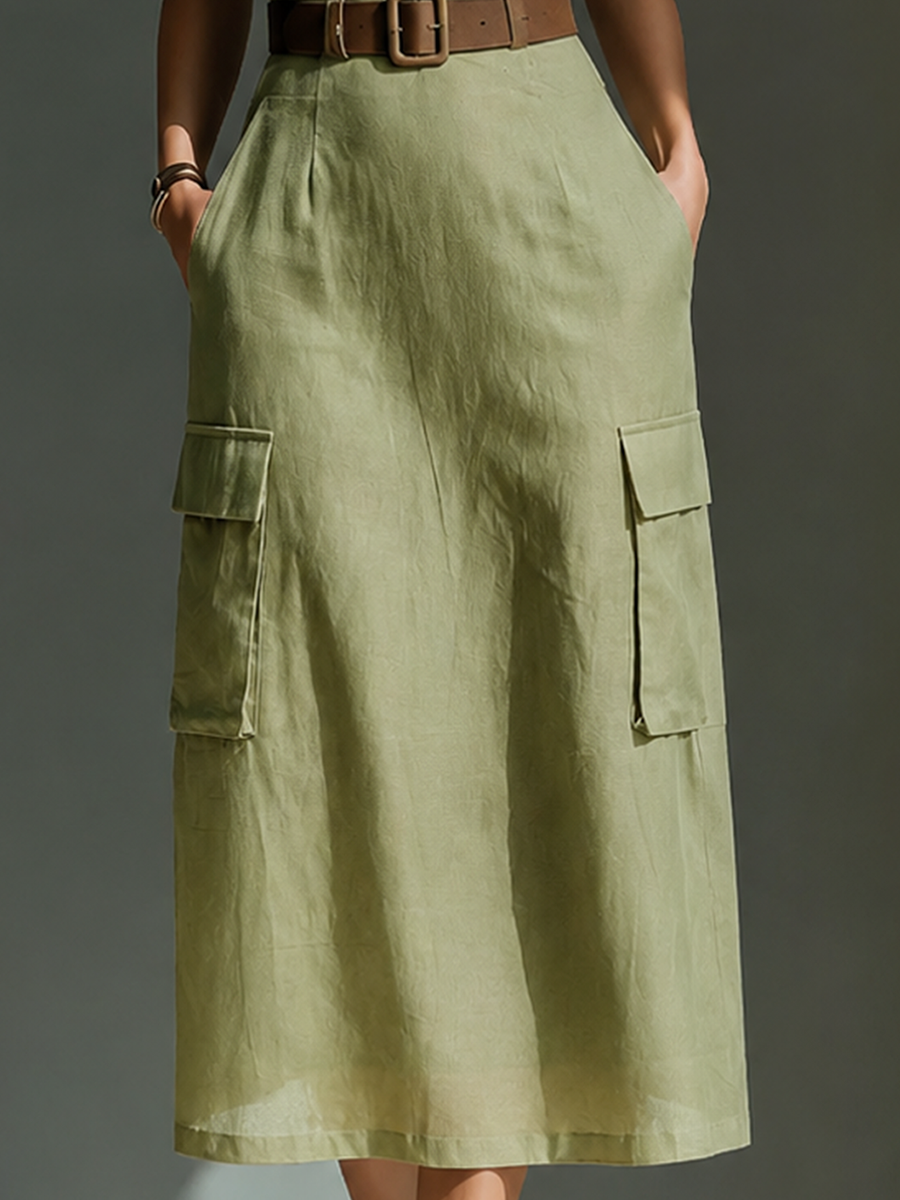 Women's Olive Green Linen Fabric Sleeveless Midi Dress With Cargo Pockets & Belted Waist
