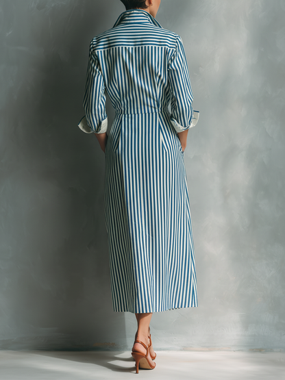 Women's Blue And White Cotton Striped Shirt Dress With Red Chest Pocket