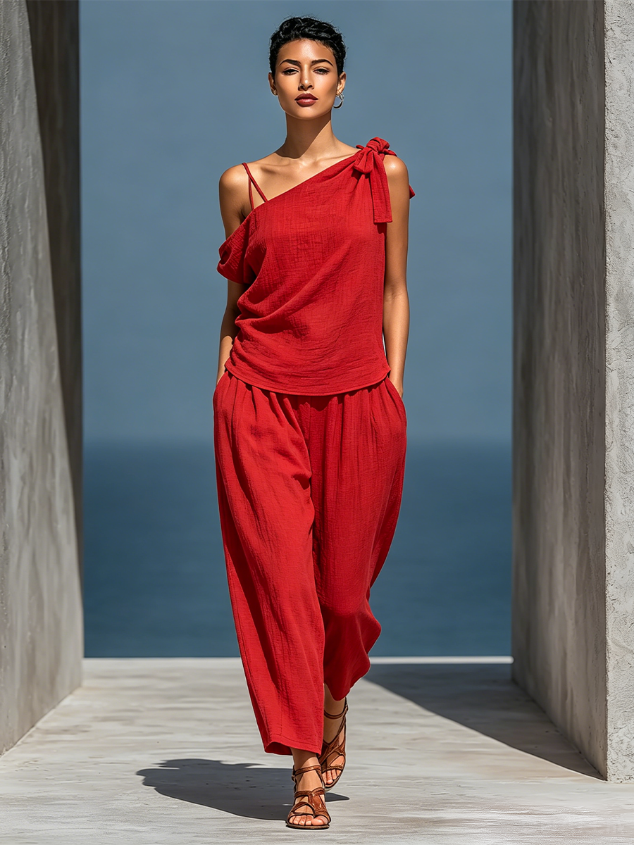 Women’s RedTwo-Piece Set: Asymmetrical One-Shoulder Top (Without Neck Scarf) & Wide-Leg Pants With Pockets