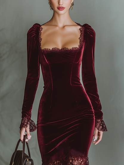 Women's Burgundy Velvet Lace Fitted Maxi Dress
