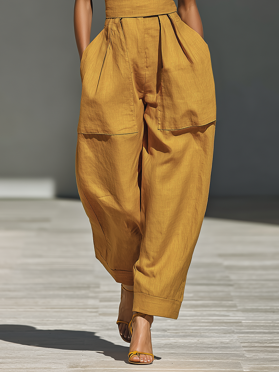 Women's Mustard Yellow Linen-Blend Jumpsuit With Crisscross Neckline & Relaxed Trousers