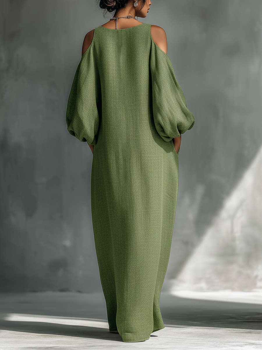 Women's Light Green Cold-Shoulder Maxi Dress With Oversized Puff Sleeves & Side Pockets
