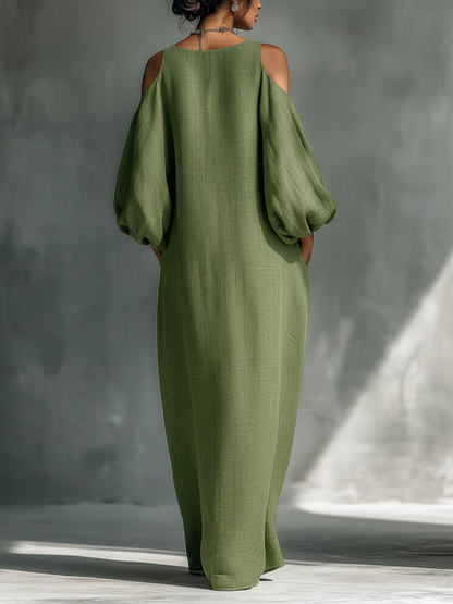 Women's Light Green Cold-Shoulder Maxi Dress With Oversized Puff Sleeves & Side Pockets
